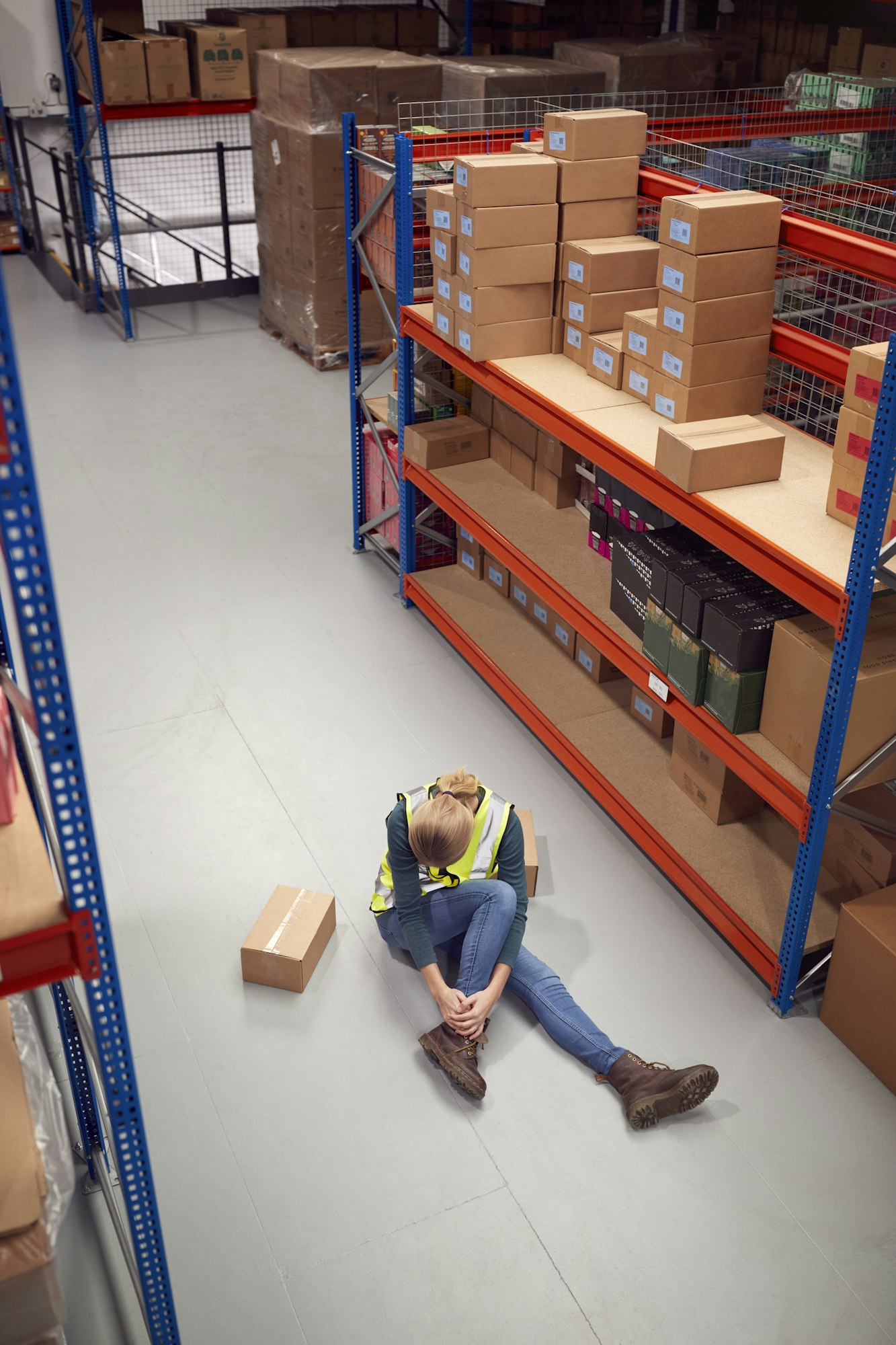 Female Worker With Injured Leg On Floor After Workplace Accident In Warehouse